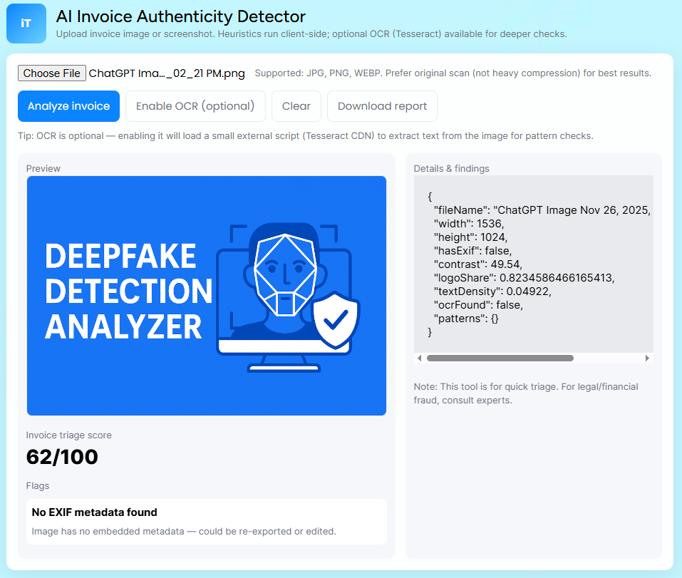 screenshort of AI Invoice Authenticity Detector